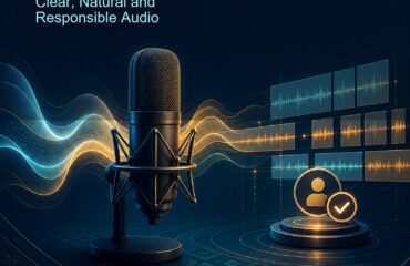 AI Voiceover Malaysia ebook cover with a studio microphone, audio waves, segmented narration and a human review checkpoint