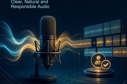 AI Voiceover Malaysia ebook cover with a studio microphone, audio waves, segmented narration and a human review checkpoint