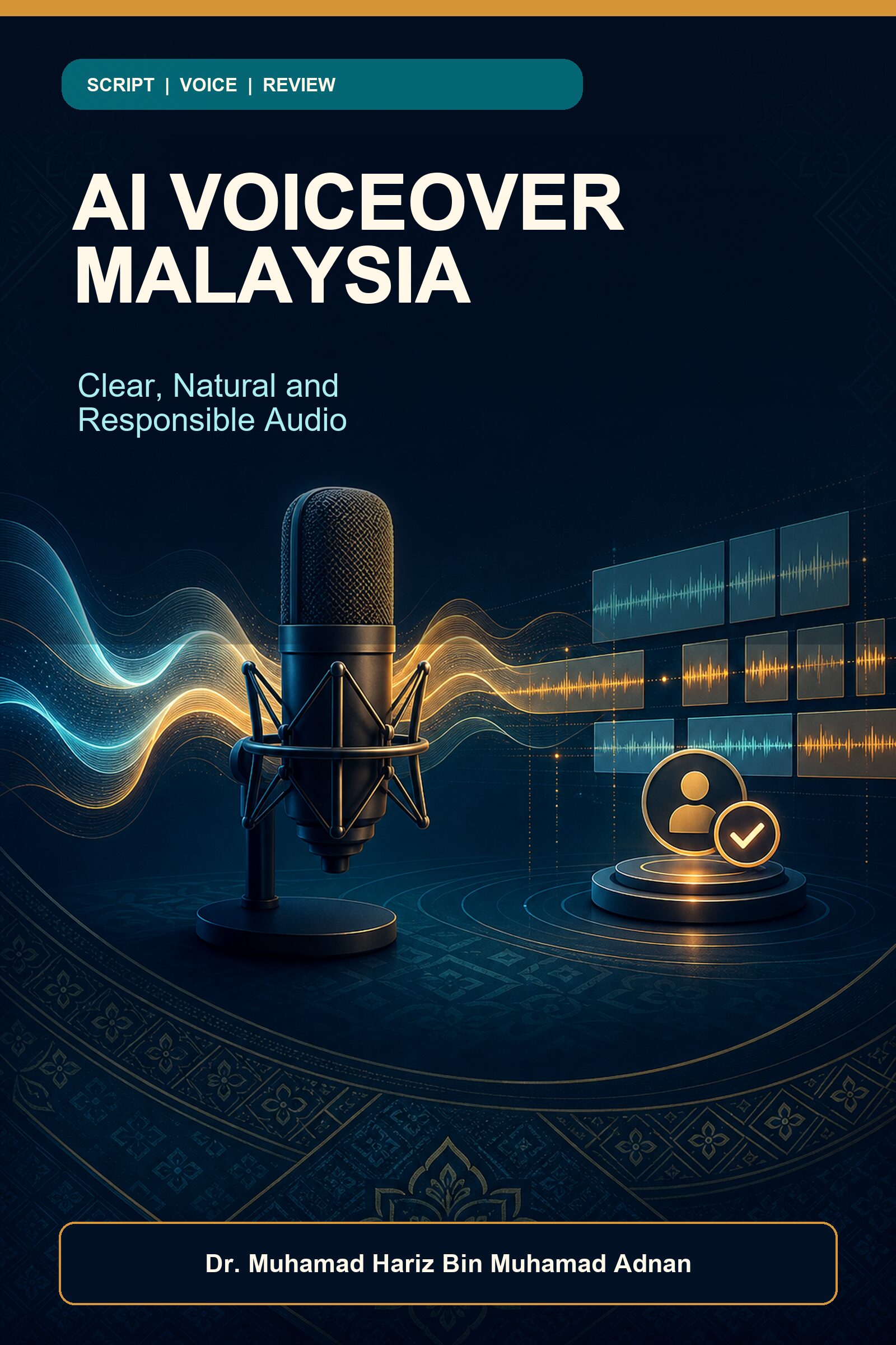 AI Voiceover Malaysia ebook cover with a studio microphone, audio waves, segmented narration and a human review checkpoint