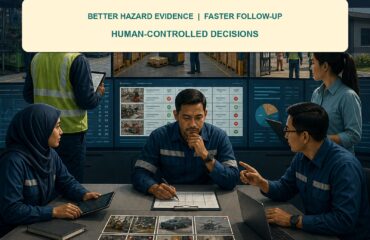 AI Workplace Safety Operations Malaysia ebook cover showing Malaysian safety teams reviewing factory, warehouse and site evidence before human approval