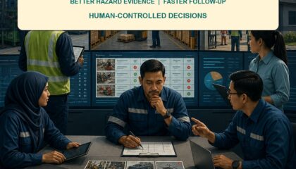 AI Workplace Safety Operations Malaysia ebook cover showing Malaysian safety teams reviewing factory, warehouse and site evidence before human approval
