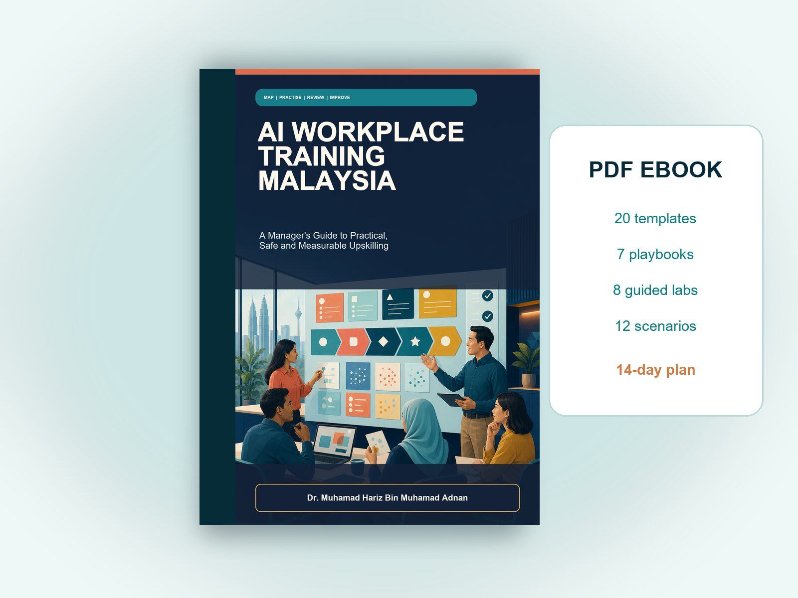 AI Workplace Training Malaysia digital ebook mockup featuring 20 templates, seven playbooks, eight labs and a 14-day plan