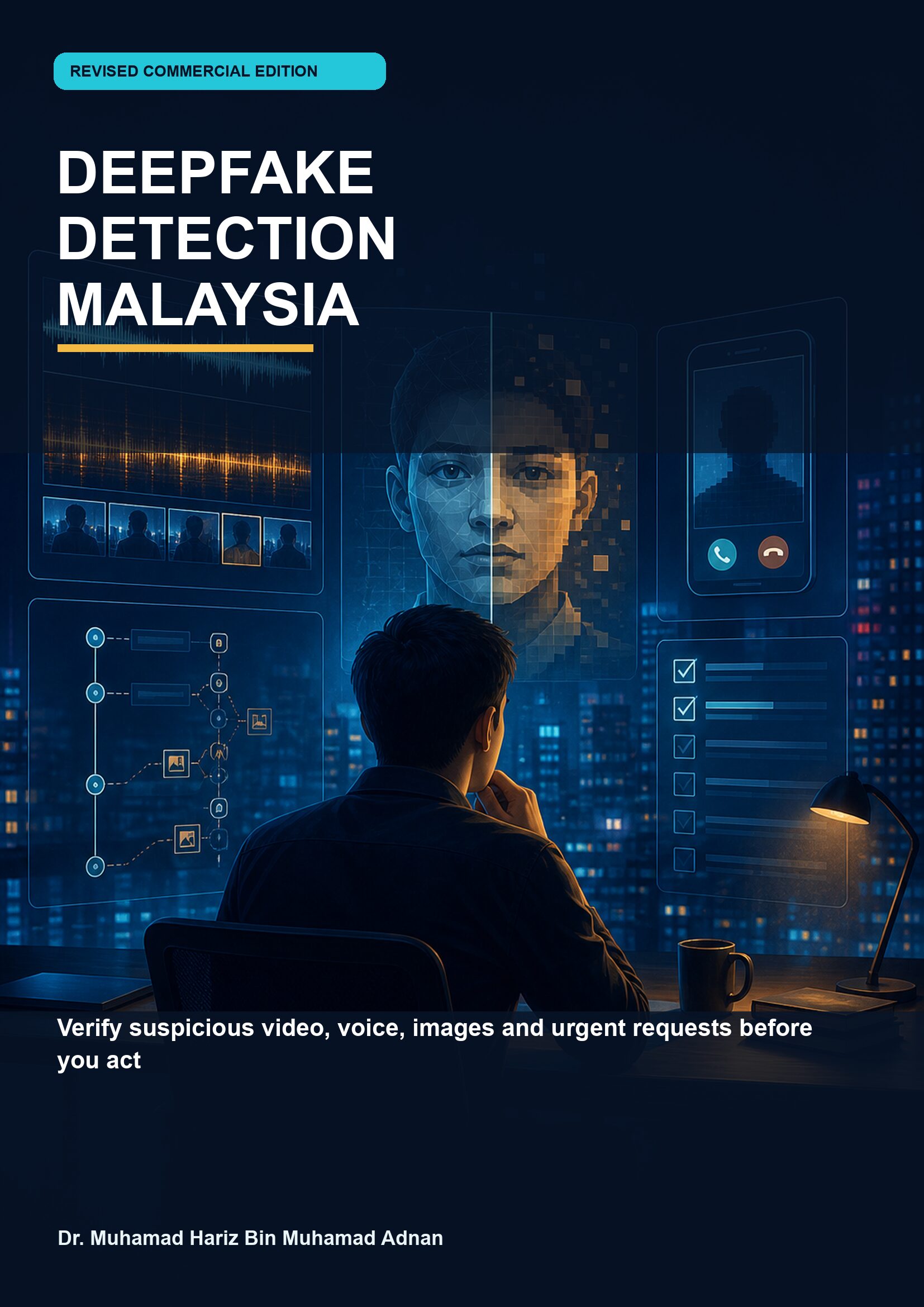 Deepfake Detection Malaysia commercial field guide cover showing a Malaysian reviewer examining suspicious video, voice and identity signals