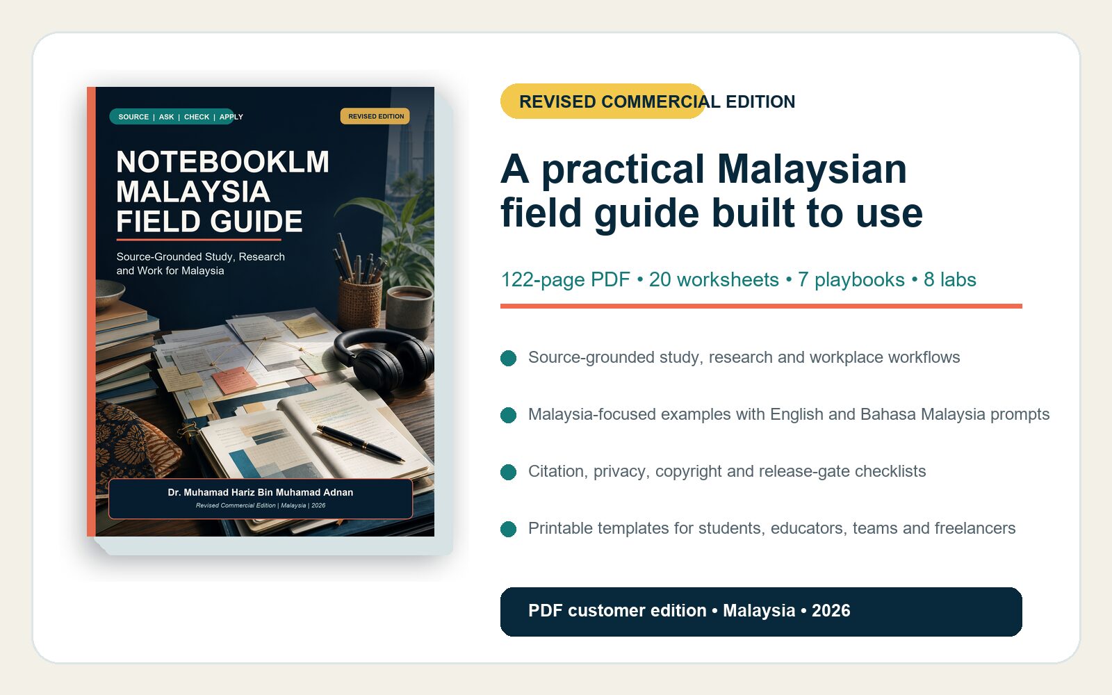 NotebookLM Malaysia commercial ebook mockup showing a 122-page guide with prompts, worksheets, playbooks and practical labs