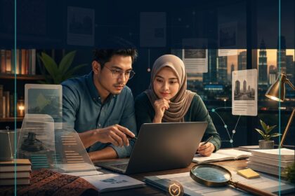 Perplexity AI Malaysia commercial ebook cover showing Malaysian researchers tracing claims through source cards to a human approval checkpoint