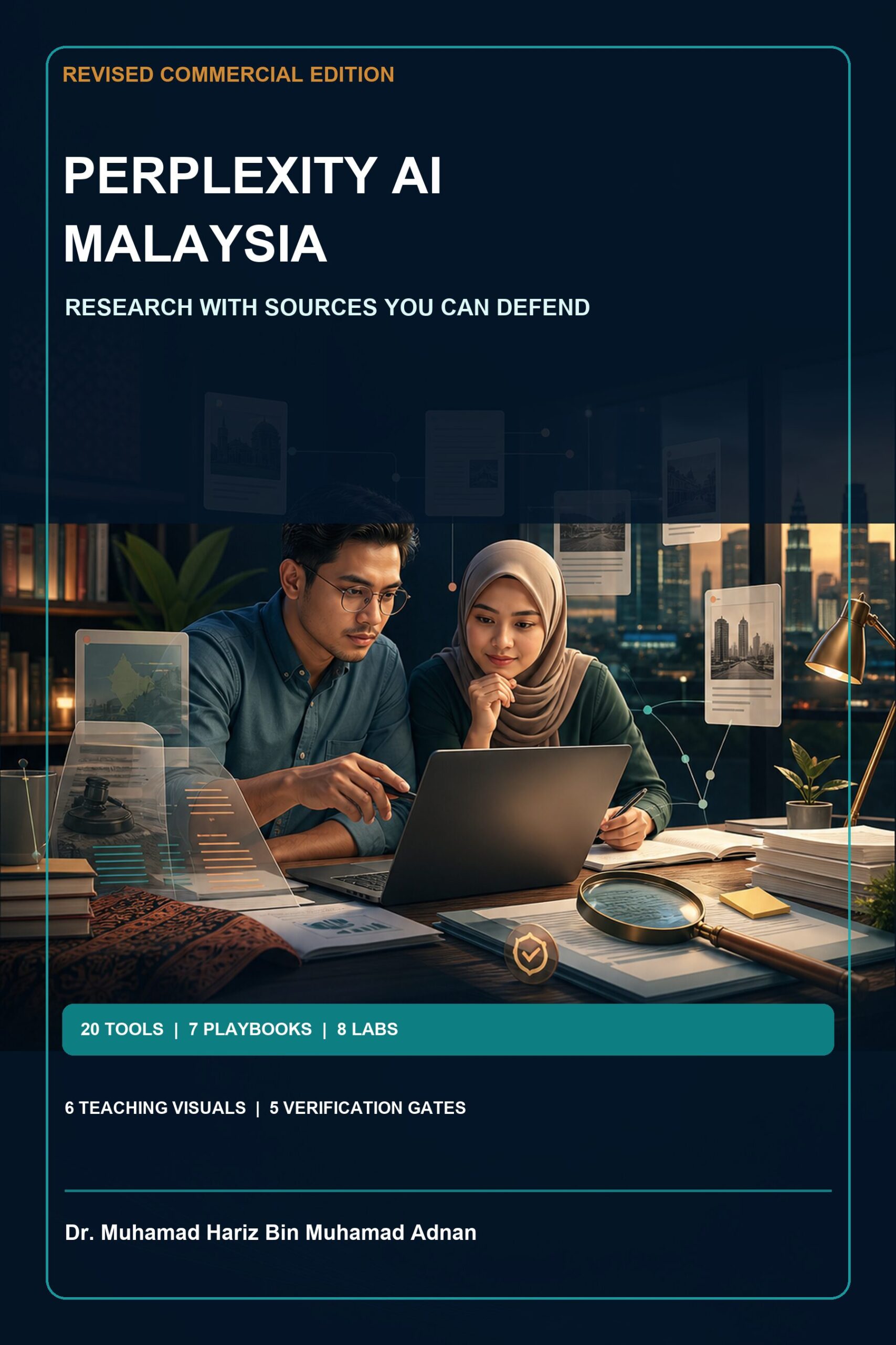 Perplexity AI Malaysia commercial ebook cover showing Malaysian researchers tracing claims through source cards to a human approval checkpoint