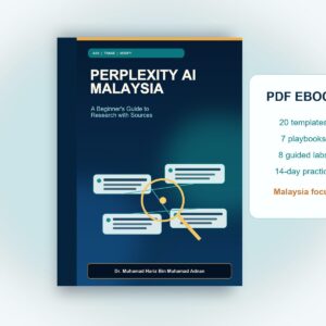 Perplexity AI Malaysia ebook displayed as a digital book mockup with 20 templates, seven playbooks, eight labs and a 14-day practice plan