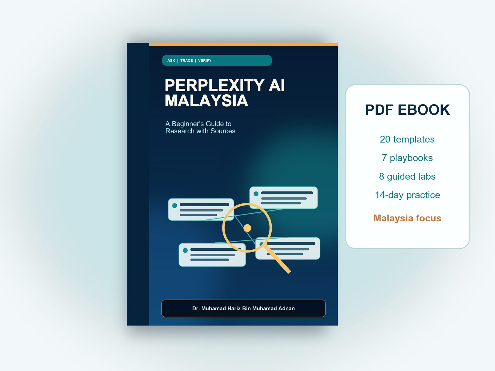 Perplexity AI Malaysia ebook displayed as a digital book mockup with 20 templates, seven playbooks, eight labs and a 14-day practice plan