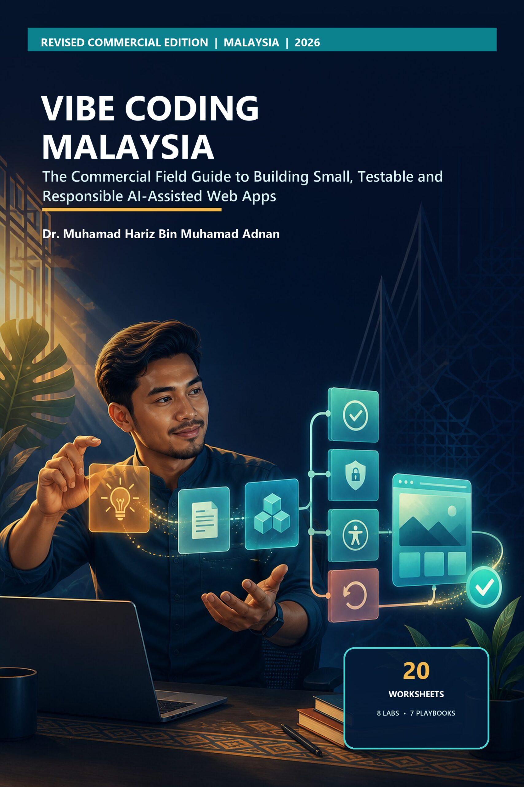 Vibe Coding Malaysia commercial field guide cover showing a Malaysian professional guiding an idea through structured and tested app-building stages